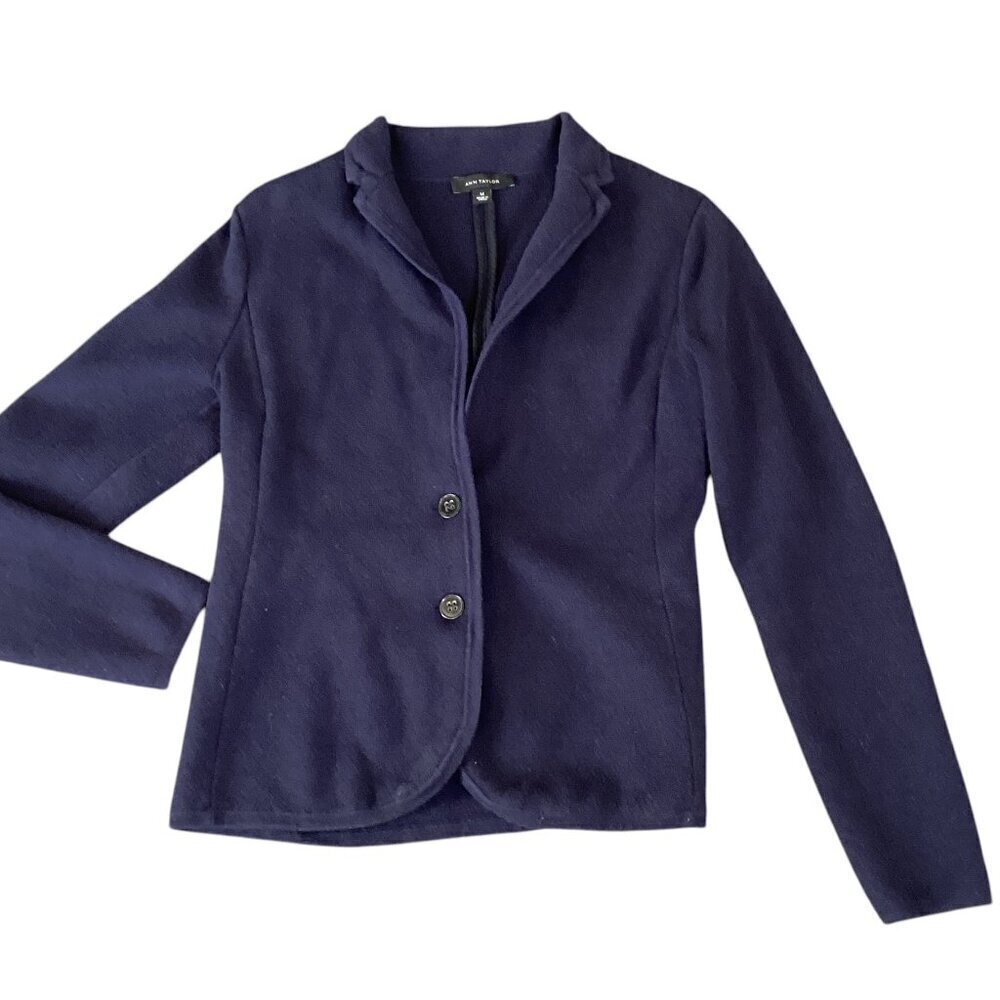 Ann Taylor Sweater Knit Blazer Sz M Navy Blue Cotton Wool Blend #279S